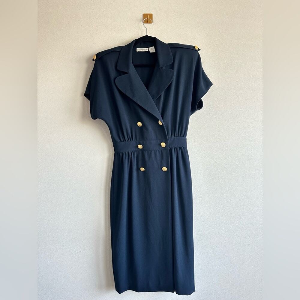 Vintage 80s Navy Blue Dress 80s Military Style Gold Button Midi Size 10